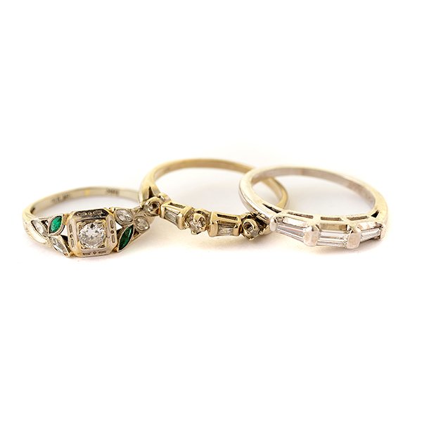 Collection of Diamond, Colored Stone, Gold, Platinum: Collection of Diamond, Colored Stone, Gold, Platinum Rings. Including one diamond, 14k white gold band, size 8 1/4; one diamond, platinum band, size 7 together with one diamond, white stone, green sto