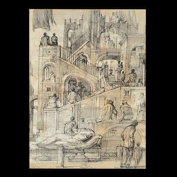 EUGENE BERMAN Drawing, Architectural Study: EUGENE BERMAN (Russian born worked in USA, France and Italy 1899 - 1972) "Architectural study with Figures" Ink on paper. Sight: 13 3/4 x 9 3/4 inches. Signed with initials lower center: E.B. (Framed,
