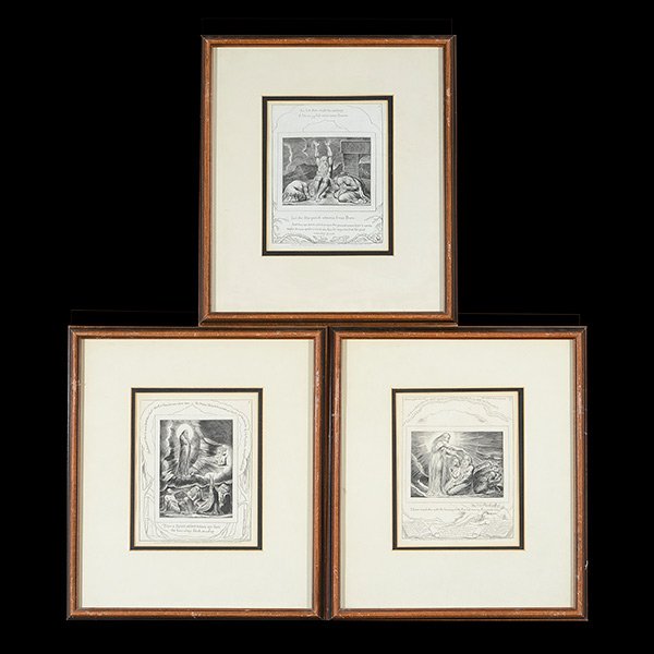 After William Blake,3 engravings from the Book of Job: After WILLIAM BLAKE (British 1757-1872) Group of 3 engravings from the "Illustrations of the Book of Job": The Vision of Christ, The Vision of Eliphaz and Job's Despair. Engraving on wove paper. Each
