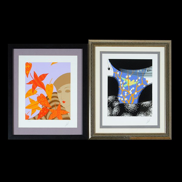 ERTE Two screenprints from the Seasons Suite: ROMAIN (ERTE) DE TIRTOFF (French 1892 - 1990) Group of two prints: "Autumn" and "Spring" from the Seasons Suite Screenprint in colors. Autumn plate: 13 x 10 inches. Spring plate: 13 x 10 inches. Each