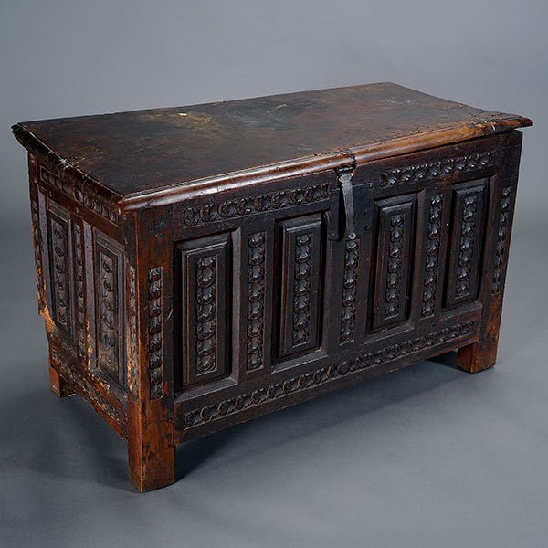 Continental Baroque Oak Coffer: Continental Baroque Oak Coffer, Probably Italian, 17th/18th Century {Dimensions 28 1/2 x 48 x 22 1/2 inches} [Two back foot panels off of piece]