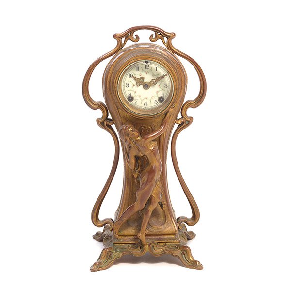 Art Nouveau New Haven Figural Clock: Art Nouveau New Haven Gilt Figural Clock {Height 15 inches} [pendulum]