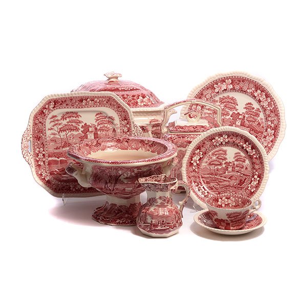 Assembled Spode Tower and Mason's Vista Red: Assembled Spode Tower and Mason's Vista Red Transferware Dinner Service: Spode comprising soup tureen {height 9 1/4, length 13 1/2 inches}; gravy boat; diamond form relish dish; two open vegetable dis