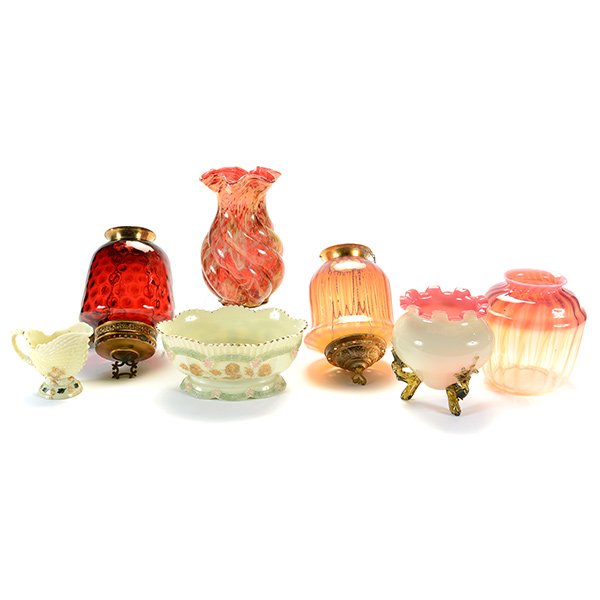 Group of Victorian Cranberry and Custard Glass: Group of Victorian Cranberry and Custard Glass: Comprising Two Victorian Cranberry Glass Ruffled Rim Vases {height of tallest 10 1/2 inches}; a Custard Glass Footed Bowl and Shell Form Sauce Boat; and