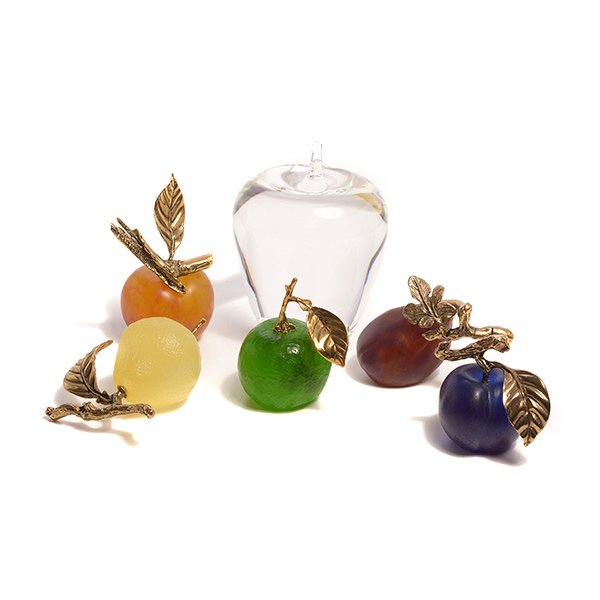 Five Daum Pate de Verre Apples and a Steuben Apple: Five Daum Pate de Verre Gilt Metal Mounted Fruit and a Steuben Apple {Height of apple 4 1/4 inches}