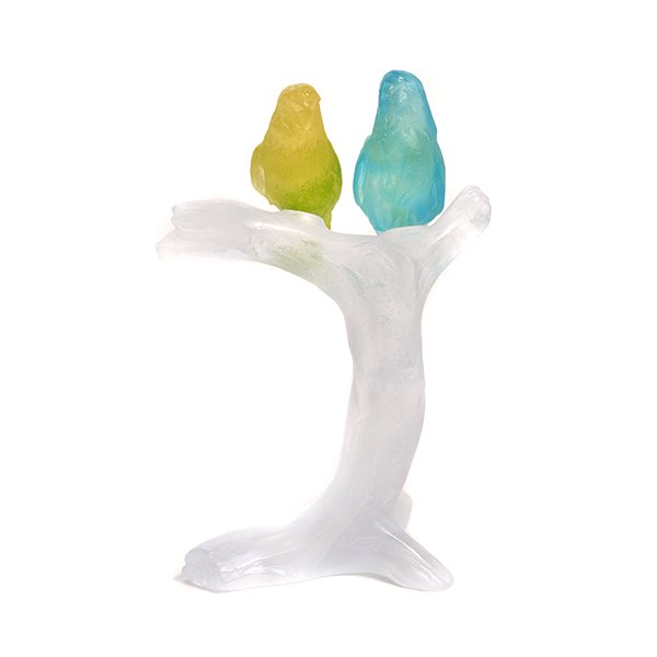 Daum Figural Group of Lovebirds on A Branch: Daum Figural Group of Lovebirds on A Branch, signed Daum France {Height 9 inches} [breaks to tails; four pieces kept separate]