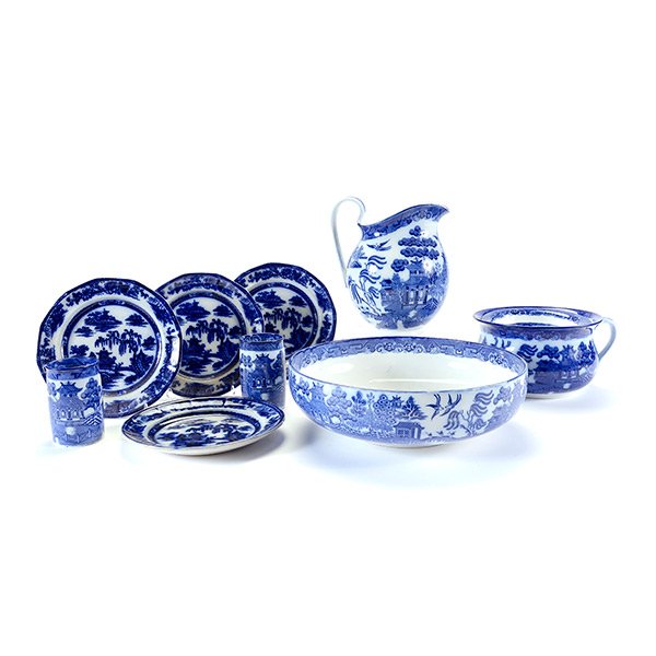 Collection of English Blue Canton Ware: Collection of English Blue Canton Ware: Comprising a Doulton Burslem willow urinal, wash basin and pitcher {height 10 3/4 inches}, and two tumblers; together with a set of four Manilla Podmore & Walke