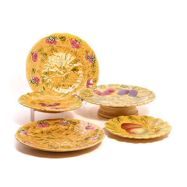 Assembled Set of Sarreguemines Majolica Plates: Assembled Set of Twelve Sarreguemines Majolica Service Plates: Comprising a compote {diameter 9 1/4 inches}, six fruit plates {diameter 7 1/2 inches}, and five luncheon plates {diameter 9 3/4 inches} 
