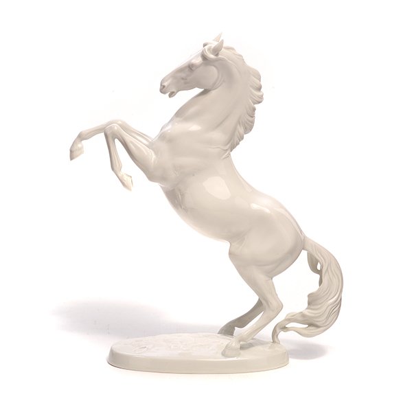 Augarten Blanc de Chine Figure of a Horse: Augarten Blanc de Chine Porcelain Figure of a Bucking Horse, "Arab Stallion", designed by Prat {Height 11 1/2 inches, width 9 1/2 inches} [with retail pamphlet]