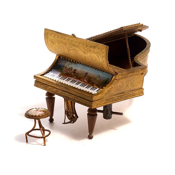 Austrian Viennese Enameled Piano Music Box: Austrian Viennese Enameled Piano Music Box with Bench, with Swiss mechanism, anchor mark {Height 3 1/4 x 7 1/4 x 4 1/2 inches}