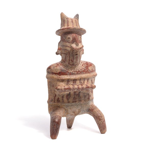 Nayarite Pre Colombian Warrior Figure: Nayarite Pre Colombian Pottery Painted Warrior Figure, 100 BC-250AD {Height 9 1/2 inches; width 4 3/4 inches} [breaks and restoration]