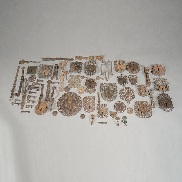 Large Collection of Colombian Antique Colombian Wrought: Large Collection of Antique Colombian Wrought Iron Escutcheon Lock Plates (20), including one in the shape of a Double Eagle, Decorative Hinges (10), Decorative Keys (12), Drawer Pulls and A Stirrup M