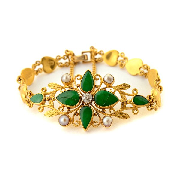 Jade, Diamond, Cultured Pearl, 20k Yellow Gold