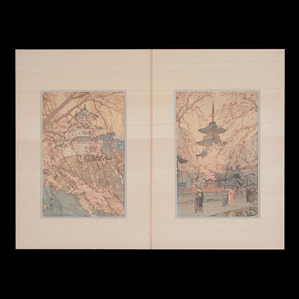 Hiroshi Yoshida (1876-1950): Two Woodblock Prints: Hiroshi Yoshida (1876-1950): Two Woodblock Prints Each an oban, signed with one seal, mounted; a) Hirosaki Castle, dated 1935; b) A Glimpse of Ueno Park, dated 1937. [Fully laid down, fading/discolora