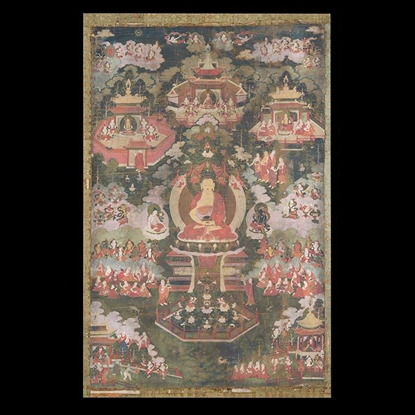A Tibetan Painted Thangka, 18th/19th Century: A Tibetan Painted Thangka Depicting the Medicine Buddha as the central figure surrounded by various Buddhist deities on woven fabric. 18th/19th Century {33 1/2 x 22 inches (85 x 56 cm) excluding frame