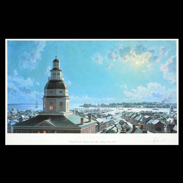 JOHN STOBART "Annapolis" Numbered offset print: JOHN STOBART (American b.1929) "Annapolis" Offset lithograph on paper. Plate: 33 x 18 inches. Signed and numbered in pencil l/r "380/950".