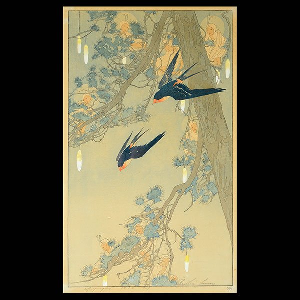 BERTHA LUM Hand-Colored Print Swallows, No. 196: BERTHA BOYNTON LUM (American 1869-1954) "Untitled - Swallows" Color wood cut Plate: 16 1/2 x 9 1/2 inches. Signed in pencil in image l/r and numbered l/r "196" . Annotated and dated in bottom margin "