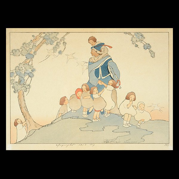 Bertha Lum Hand-Colored Print, Pied Piper, Signed: BERTHA BOYNTON LUM (American 1869-1954) "Pied Piper" Color woodcut. Plate: 9 1/2 x 13 1/2 inches. Signed in pencil in image l/r and numbered in pencil l/r "100".Annotated and dated in lower margin "19