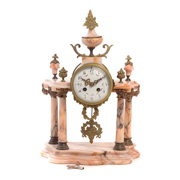 French Marble Mantle Clock: French Marble Mantle Clock, {Dimensions 17 x 12 x 6 1/2 inches} Rumored to have belong to Marion Davies, William Randolph Hearst's Mistress [key and pendulum]