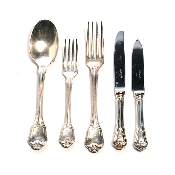 Christofle Silver Plated Flatware with Engraved Eagle: Set of Christofle Silver Plated Flatware with Engraved Eagle: Comprising twelve dinner forks {length 8 1/8 inches}; twelve luncheon knives {length 7 1/4 inches}; twelve luncheon forks {length 6 3/4 in