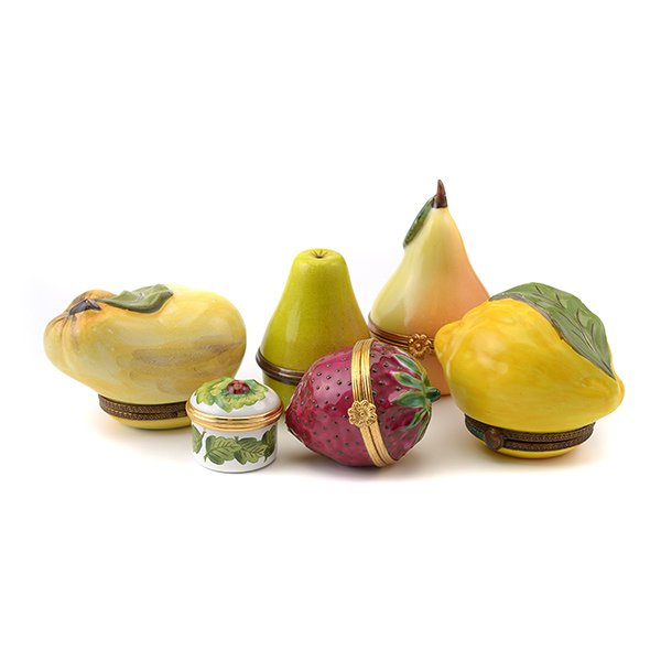 Six Limoges and Bilston & Battersea Miniature Boxes: Four Limoges Miniature Fruit Form Porcelain Boxes Together with Two Bilston and Battersea Enamel Metal Boxes, including one of pear form and the other with a lady bug (6) {Height of tallest 3 1/8 inch
