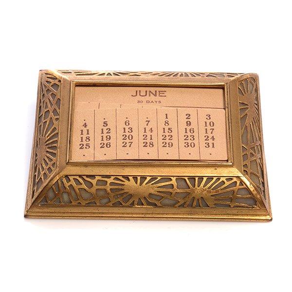 Tiffany Studios Desk Calendar Frame: Tiffany Studios Gold Dore Finish Desk Calendar Frame in Pine Needle pattern, signed Tiffany Studios New York-930, includes original date inserts {Dimensions 1/4 x 4 1/2 x 3 1/2 inches}