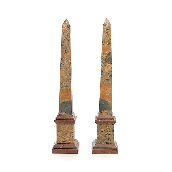 Pair of Variegated Marble Specimen Obelisks: Pair of Variegated Marble Specimen Obelisks {Height 14 1/2 inches} [one with repair; one with small loss to point]