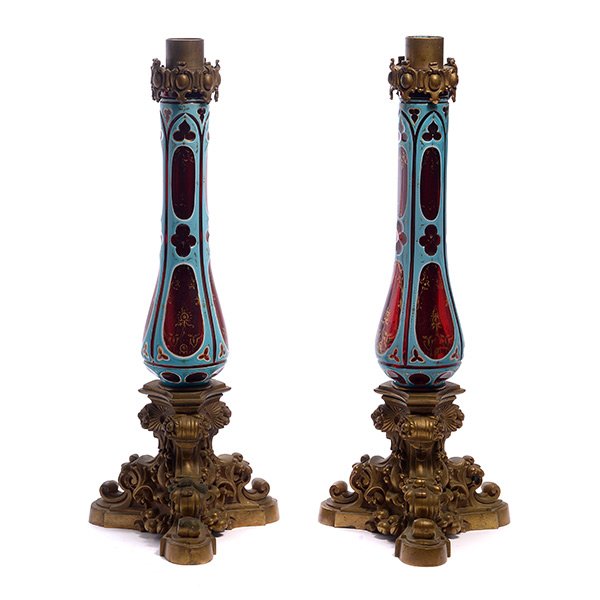 Pair of Gothic Revival Light Bases: Pair of Gothic Revival Turquoise Cut to Cranberry Lights on Gilt Bronze Mounts {Height 22 1/4 inches}
