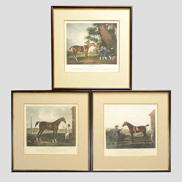 Three Framed Engravings of English Race Horses: Three Framed Engravings of English Race Horses, Including two after originals by George Stubbs, Diomed and Eclipse, and Flying Childers, after John Wootten {Dimensions of frames 22 1/4 x 22 inches}