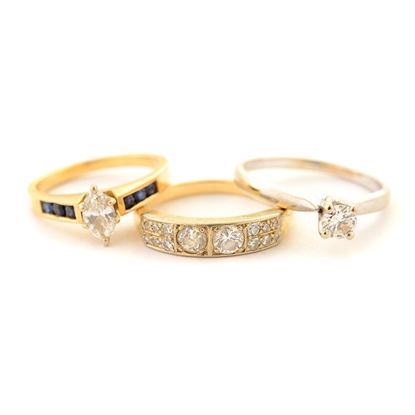 Collection of Three Diamond, Sapphire, 14k Yellow Gold: Collection of Three Diamond, Sapphire, 14k Yellow Gold Rings. Including one 0.30 ct. marquise-cut diamond, sapphire, 14k yellow gold ring, size 5 1/4; one 0.20 ct. round-cut diamond, 14k white gold ri