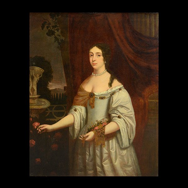 EUROPEAN SCHOOL Portrait of a Woman with rose: Attributed to PETER LELY (German born, active England 1618-1680) Portrait of Woman with Rose Oil on canvas 52 x 40 inches / 132 x 101.6 cm Unsigned Provenance: Property of the Ritz-Carlton San Francis
