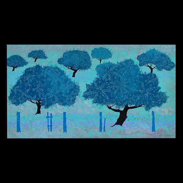 EYVIND EARLE "California Orchard" Oil on board: EYVIND EARLE (American 1916 - 2000) "California Orchard" Oil on masonite. 24 x 44 1/2 inches / 61 x 113 cm. Signed and dated lower right: Eyvind Earle 1966. Condition: Painting is in fair to good cond