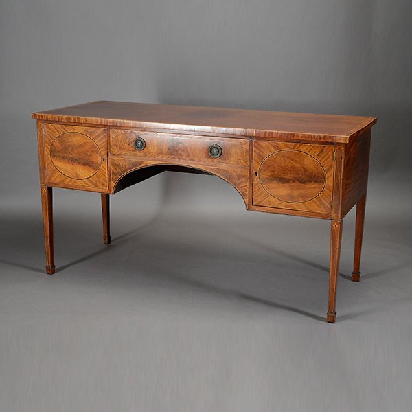 English Mahogany Inlaid and Cross Banded Sideboard: George III Inlaid Mahogany Sideboard {Dimensions 35 1/4 x 66 x 26 inches} [two keys]