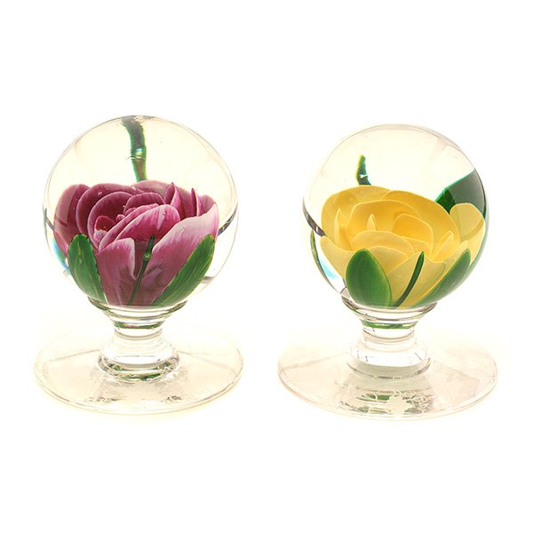 Two Pairpoint Floral Lampwork Pedestal Paperweights: Two Pairpoint Floral Lampwork Pedestal Paperweights {Height 4 5/8 inches}