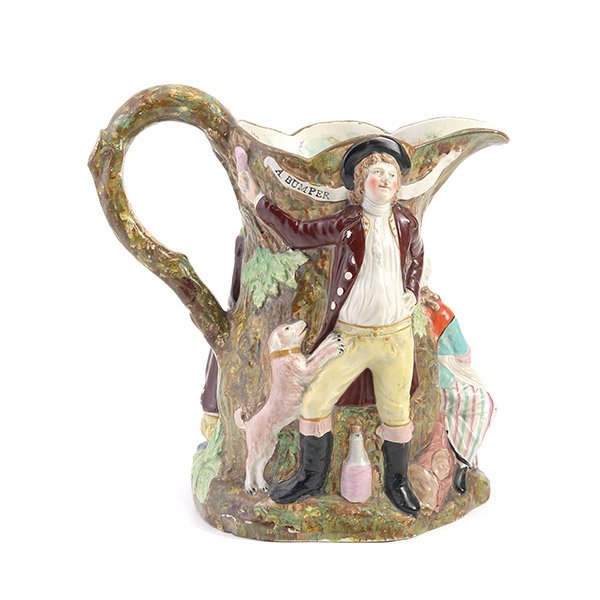Staffordshire Figural Pitcher: Staffordshire Pearlware Fair Hebe Figural Pitcher, "Fair Hebe", painted in puce "35, the interior rim painted with ivy vine border, Designed by John Voyez, Late 18th/Early 19th Century {Height 9 1/2 i