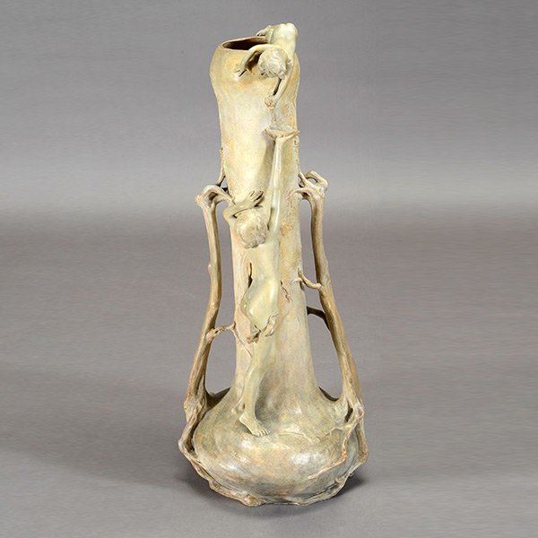 Massive Art Nouveau Friedrich Goldscheider Earthenware: Massive Art Nouveau Friedrich Goldscheider Earthenware Figural Vase, figural mark in raised relief, impressed #0923/125/15, painted "6" "REPRESENTATION RESERVED", Early 20th Century {Height 35 inches}