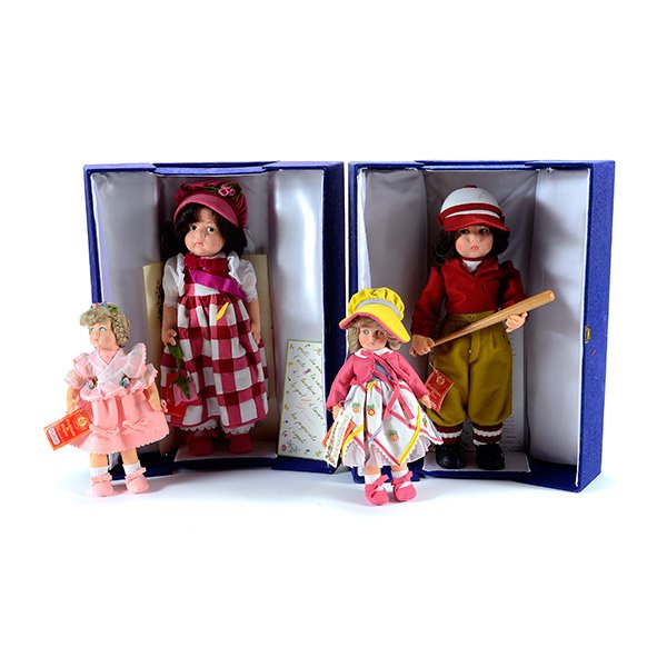 Four Spanish Lenci Felt Dolls in Retail Boxes: Four Spanish Lenci Felt Dolls in Retail Boxes: Comprising Loretta, 1984; Diana, 1985; Vanessa, 1980 {length 19 1/2 inches}; and Bobby, 1984, all in like new condition with certificates