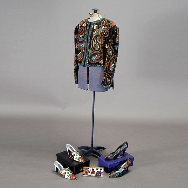 Two Pairs of Stuart Weitzman Shoes and Purse, and a: Two Pairs of Stuart Weitzman Shoes and Purse, and a Jeanette for St. Martin Beaded Jacket {Length of purse 7 1/4 inches; shoes size 7 1/2; jacket size medium}