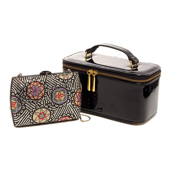 Judith Leiber Jeweled Purse: Judith Leiber Jeweled Purse, with geometric multicolor design and shoulder chain {Height 4 inches; length 6 inches} [small losses to jewels] [St. John Jewelry Case pictured is no longer a part of this