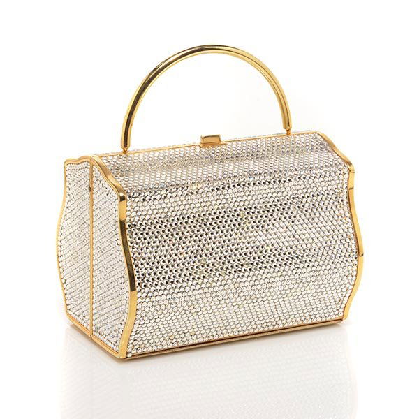 Judith Leiber Jeweled Box Purse: Judith Leiber Jeweled Box Purse, silver body with gold handle and shoulder chain, with mirror, coin purse, and comb {Height without handle 3 3/4 inches; length 5 inches}
