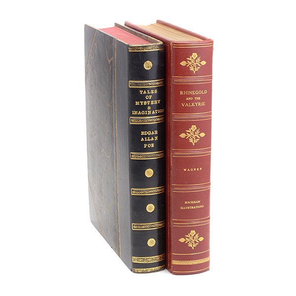 Lot of two books. Fine Binding and Illustrated by: Lot of two finely bound books Illustrated by Arthur Rackham. Tales of Mystery and Imagination by Edgar Allan Poe. George Harrap, London, 1935. Hard black Morocco Leather over marbled boards and raised