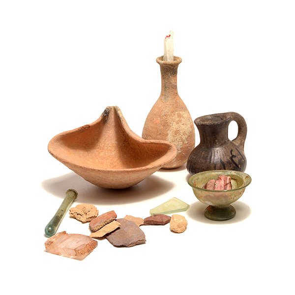 Grouping of Greek, Etruscan and Roman Antiquities: Grouping of Greek, Etruscan and Roman Antiquities: Including a blue-green Roman glass vial, a stopper and a pedestal bowl; a Mediterranean red clay vase {height 5 inches}, a bowl {width 5 1/2 inches},