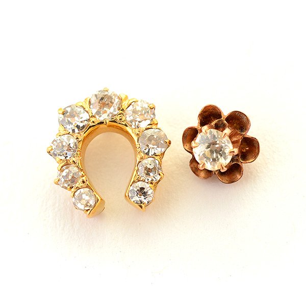 Collection of Two Diamond, 14k Yellow Gold Jewelry: Collection of Two Diamond, 14k Yellow Gold Jewelry Items. Including one horseshoe stickpin accented by nine old European-cut diamonds weighing a total of approximately 0.50 cttw., set in a 14k yellow 