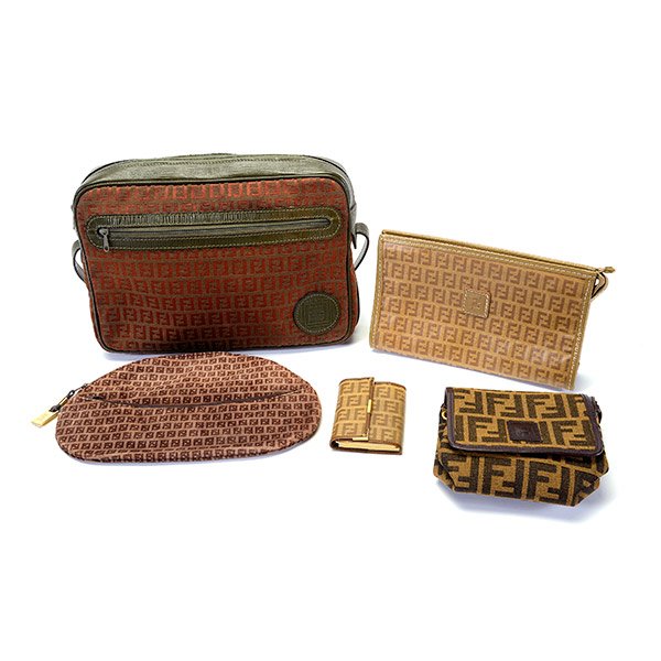 Collection of Five Vintage Fendi Items.: Collection of Five Vintage Fendi Items. Including a Fendi green and rust woven logo leather trim shoulder bag measuring approximately 11 1/2 x 8 x 3 inches; a Fendi brown suede logo clutch bag measuri
