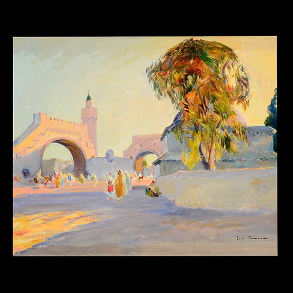 LOUIS JULES DUMOULIN Oil: ORIENTALIST SCHOOL (LOUIS JULES DUMOULIN ) (French 1860-1924) "Untiled - Sunset in the Square" Oil on board. 17 x 20 inches. Frame: 26 1/2 x 30 inches. Signed l/r. (NOTES: Gilt frame cracked in upper 