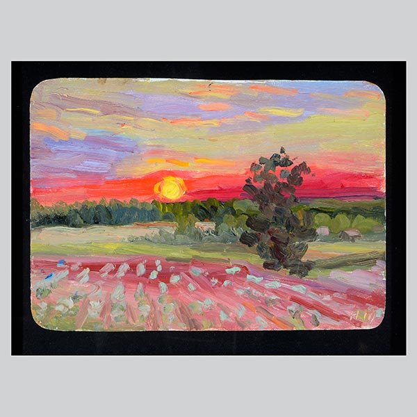 Russian School Style of NIKOIAI TIMKOV: Style of NIKOIAI TIMKOV (Russian 1912 - 1993) "Untitled - Sunset Over Fields" Oil on board. 10 x 13 3/4 inches. Bears initials l/r "H M".