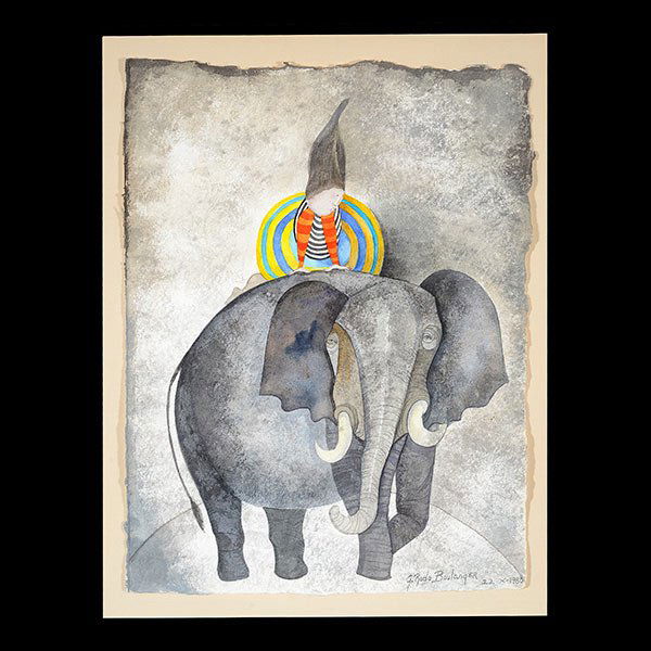 GRACIELA RODO BOULANGER "Sur Un Elephant" Watercolor: GRACIELA RODO BOULANGER (Bolivian b. 1935) "Sur un Elephant" Watercolor on paper. 13 x 9 3/4 inches. Frame: 25 1/2 x 28 3/4 inches. Signed l/r "22x 1980"