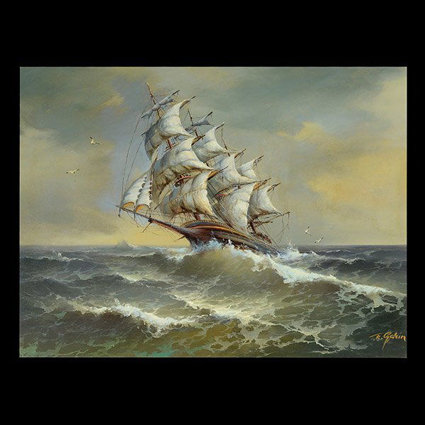 EUGENE GARIN "Mast Ship in Rough Seas" Oil on canvas: EUGENE GARIN (Russian 1922-1994) "Mast Ship in Rough Seas" Oil on canvas. 26 x 34 inches. Frame: 31 3/4 x 40 inches. Signed l/r.