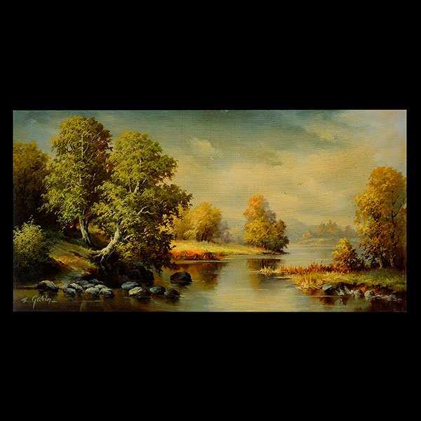 EUGENE GARIN "River Landscape" Oil on canvas: EUGENE GARIN (Russian 1922-1994) "River Scene" Oil on canvas. 20 1/4 x 39 inches. Frame: 28 3/4 x 47 3/4 inches. Signed l/l.