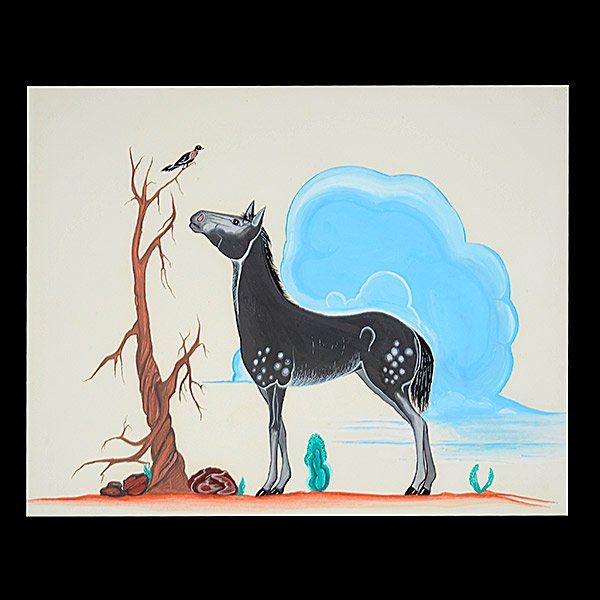 DENNIS P. PINTO Navajo Indian Art: DENNIS P. PINTO "Watching a Bird" Gouache on paper. Sight: 11 1/4 x 14 inches. Frame: 18 1/2 x 21 inches. Unsigned. NOTES: Label verso reads: "Watching a Bird, by Dennis P Pinto (Navajo) AIS 619 The I